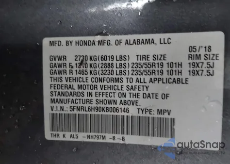 2019 Honda Odyssey Elite из США, поврежденный, VIN 5FNRL6H90KB006146